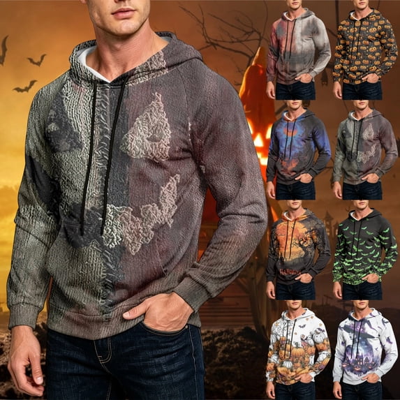 GrmtClth Hoodie Halloween Witch Pumpkin Ghost Bat Pattern Kangaroo Pocket Long Sleeve Pullover for Men Gray L