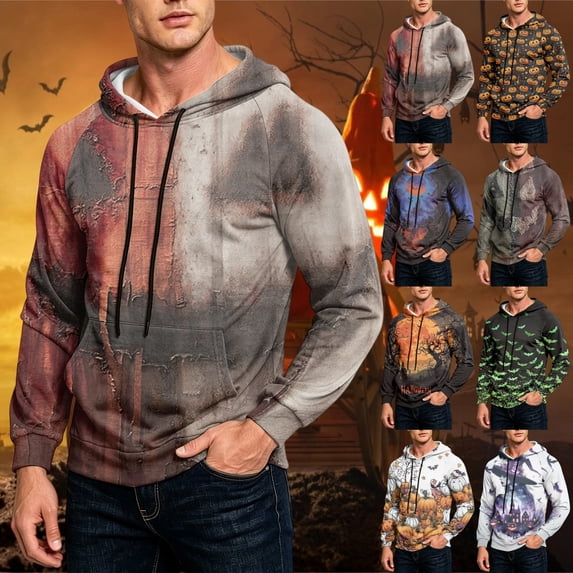 GrmtClth Hoodie Halloween Witch Pumpkin Ghost Bat Pattern Kangaroo Pocket Long Sleeve Pullover for Men Orange L