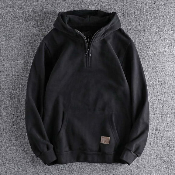 GrmtClth Hoodie Men Quarter Zip Sweatshirt Thick Long Sleeve Pullover Tops Fall Winter Hooded Outerwear with Pockets Black M