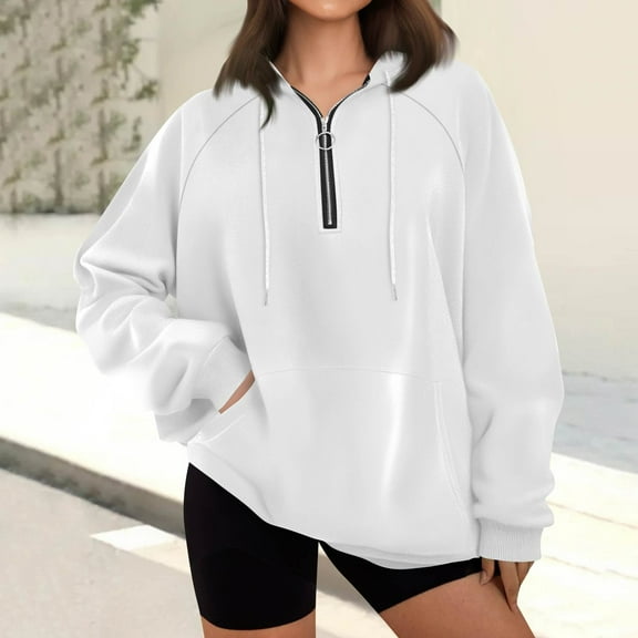 GrmtClth Hoodie Women Oversized Quarter Zip Sweatshirt Casual Long Sleeve Pullover Fall Winter Trendy Drawstring Hooded Outfits with Kangaroo Pockets White L