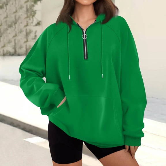 GrmtClth Hoodie Women Oversized Quarter Zip Sweatshirt Loose Fit Long Sleeve Pullover Tops 2025 Fall Soft Drawstring Hooded Outfits with Pockets Green M