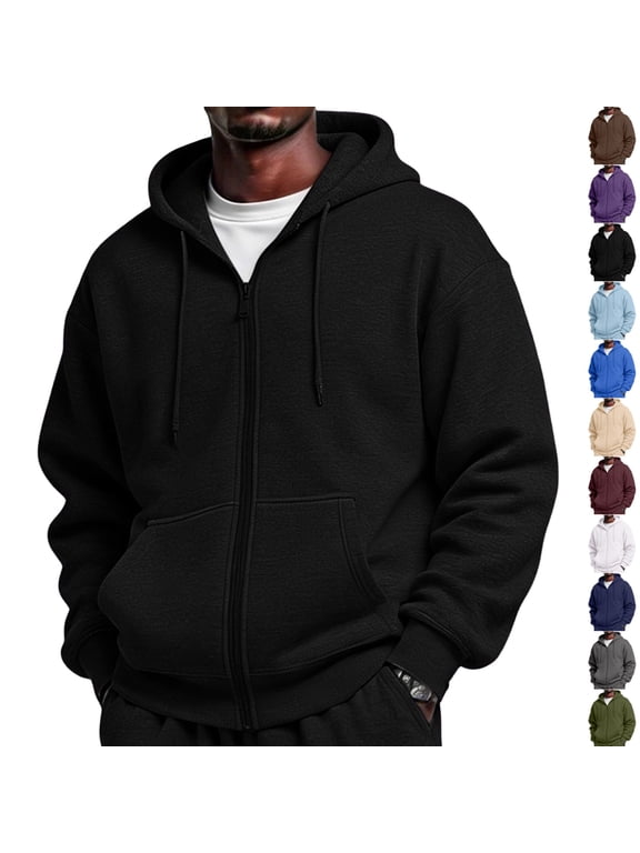 Hoodies for Men Full Zip Up Drawstring Hooded Sweatshirt Front Kangaroo Pockets Soft Warm Long Sleeve Casual Outdoor Fall Basic Jackets Black L