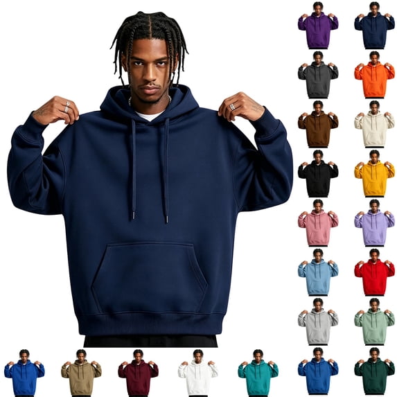 GrmtClth Hoodies for Men Solid Color Drawstring Pullover Long Sleeve Fleece Casual Sweatshirt with Kangaroo Pocket Basic Active Daily Hooded Shirts for Men Navy L