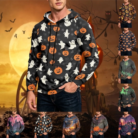 GrmtClth Hoodies for Men Halloween Cartoon Ghost Pumpkin Bat Witch All Over Print Athletic Hooded Tops Saffron 2XL