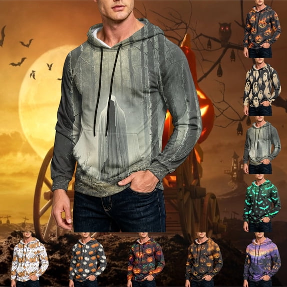 GrmtClth Hoodies for Men Halloween Neon Pumpkin Ghost Bat Witch Print Long Sleeve Holiday Party Sweatshirt Gray 2XL