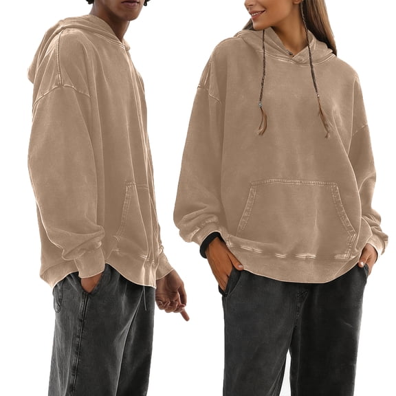GrmtClth Hoodies for Men Oversized Retro Grunge Y2k Couples Pullovers with Hood Casual Long Sleeve Acid Wash Sweatshirts Khaki 3XL