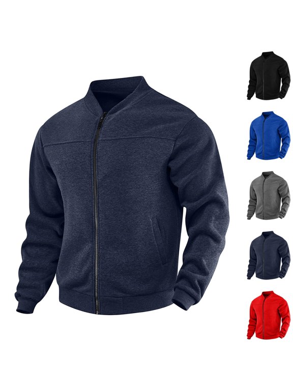 Jacket for Men Full Zip Stand Collar Hoodless Bomber Outerwear with Side Pockets Fall Winter Daily Casual Coat Navy L