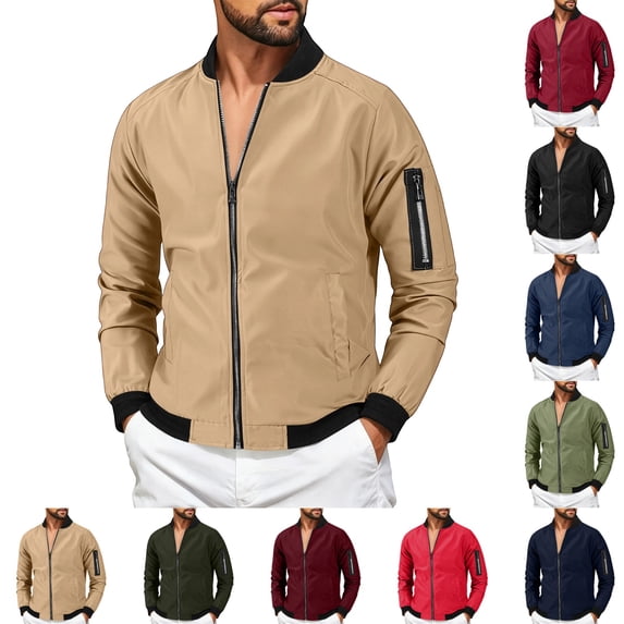GrmtClth Jacket for Men Slim Fit Full Zip Bomber Outerwear with Zipper Sleeve Pocket Spring Fall Casual Wind Coat Khaki L