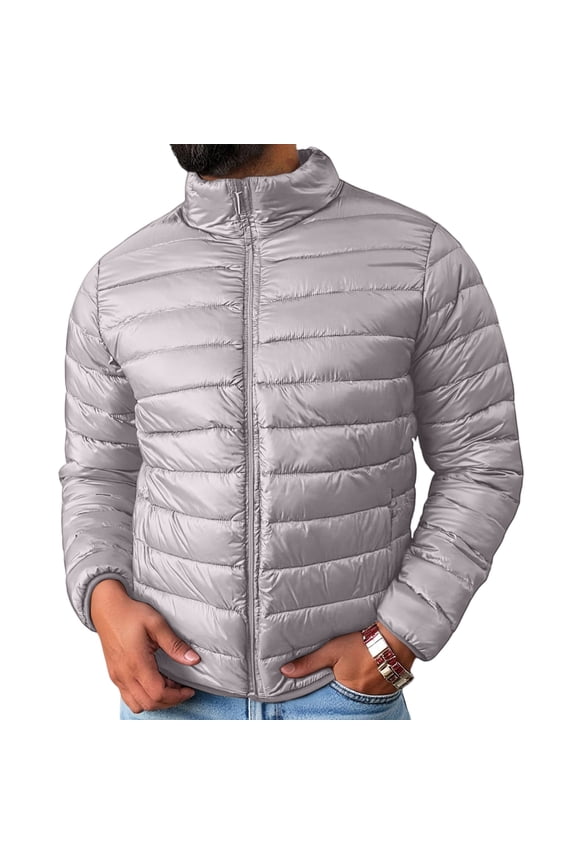 Down Jackets for Men Big & Tall Lightweight Warm Winter Jackets 2025 Outdoor Full Zip Long Sleeve Mock Neck Insulated Puffy Jackets Light Gray XL