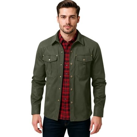 GrmtClth Jackets for Men Fashion Flannel Lined Shirt Jackets Long Sleeve Button Down Overshirts 2025 Fall Winter Western Cowboy Shacket with Flap Pockets Army Green XL