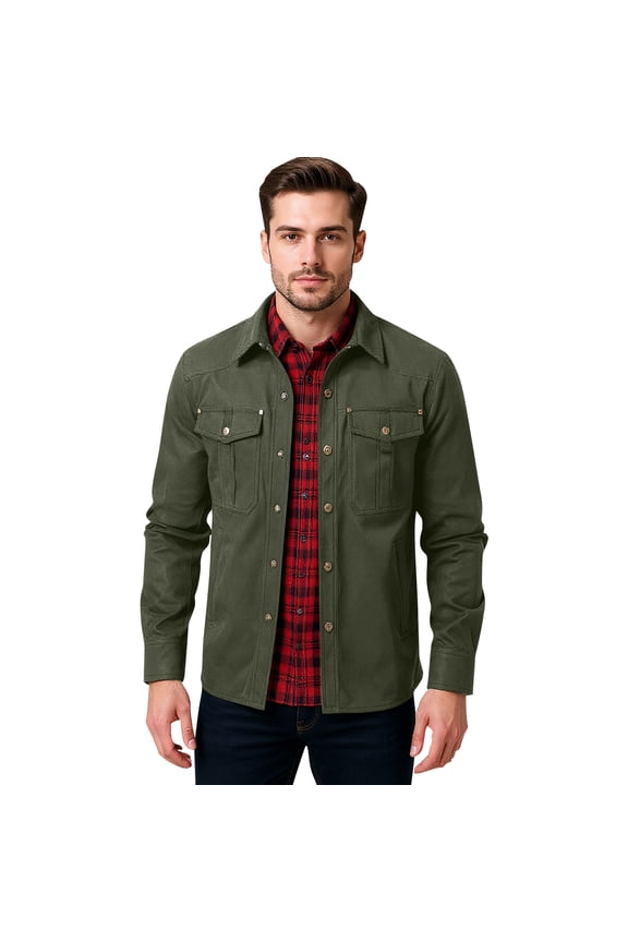 Jackets for Men Fashion Flannel Lined Shirt Jackets Long Sleeve Button Down Overshirts 2025 Fall Winter Western Cowboy Shacket with Flap Pockets Army Green XL