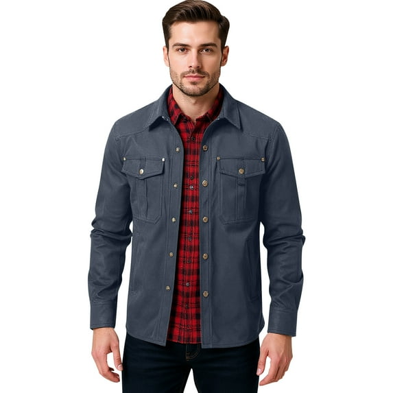 GrmtClth Jackets for Men Twill Lining Flannel Shirt Jackets Long Sleeve Button Down Overshirts 2025 Fall Western Cowboy Shacket with Pockets Blue XL