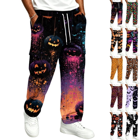GrmtClth Joggers For Men Plus Size Halloween Pumpkin Full Print Sweatpants Elastic Waistband With Drawstring Ankle Cuffs Storage Pockets Casual Athletic Bottoms Black 3XL