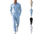 thumbnail image 1 of GrmtClth Linen Blend 2 Piece Suits For Men Button Down Long Sleeve Overshirt Elastic Drawstring Waist Straight Pants Side Pockets Beach Casual Matching Outfit Sky Blue XL, 1 of 7