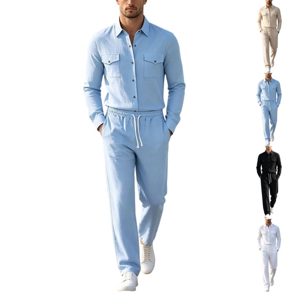 GrmtClth Linen Blend 2 Piece Suits For Men Button Down Long Sleeve Overshirt Elastic Drawstring Waist Straight Pants Side Pockets Beach Casual Matching Outfit Sky Blue XL