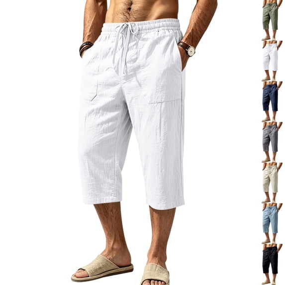 GrmtClth Linen Capri Pants for Men Casual Light Baggy 3/4 Long Loose Fit Shorts | Lightweight,Breathable,Elastic Drawstring Waist,Wide Leg,Side Pockets,Yoga,Beach,Summer,Outdoors,Casual Wear White M