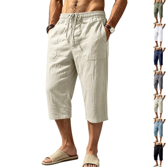 GrmtClth Linen Capri Shorts for Men Casual Baggy Knee Length 3/4 Pants Summer Drawstring Beach Pants Lounge Shorts with Pockets Beige XL