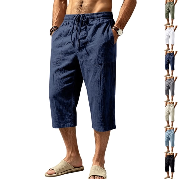 GrmtClth Linen Harem Pants for Men 3/4 Long Elastic Drawstring Waist Loose Fit Casual Yoga Beach Trousers with Pockets Navy S