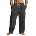thumbnail image 1 of GrmtClth Linen Pants Men Casual Drawstring Elastic Waist Cargo Pants Loose Fit Lightweight Yoga Trousers Summer Cotton Relaxed Fit Cotton Linen Pants with Multiple Pockets Dark Gray 2XL, 1 of 6