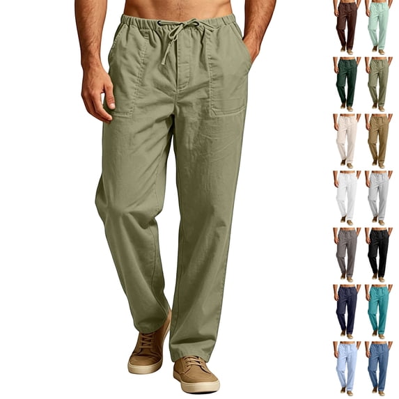 GrmtClth Linen Pants For Men Loose Baggy Straight Trousers Elastic Drawstring Waist Multi Side Pockets Lightweight Summer Beach Yoga Casual Bottoms Army Green L