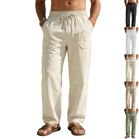 GrmtClth Linen Pants for Men Casual Loose Fit Beach Summer Yoga Pant Lightweight Drawstring Linen Trousers Beige M