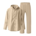 thumbnail image 1 of GrmtClth Linen Sets Outfits for Men Summer Hoodie Clothes Outdoor Yoga Pants Button Down Long Sleeve Trend 2 Piece Set Khaki L, 1 of 6