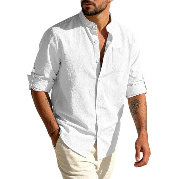 GrmtClth Linen Shirts for Men 2026 Summer Long Sleeve Top Comfortable Button Down Tee Trend Solid Blouses with Pocket White XL