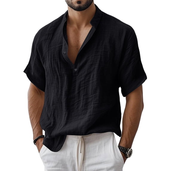 GrmtClth Linen Shirts for Men Short Sleeve Henley Shirts Summer Beach Casual Hippie Shirt Cotton Lightweight Band Collar Top Black XL