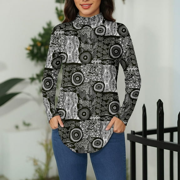 GrmtClth Long Sleeve Shirts for Women Turtle Neck Vintage Tie Dye Printed Blouses Comfort Soft Autumn Pullover Top Gray L