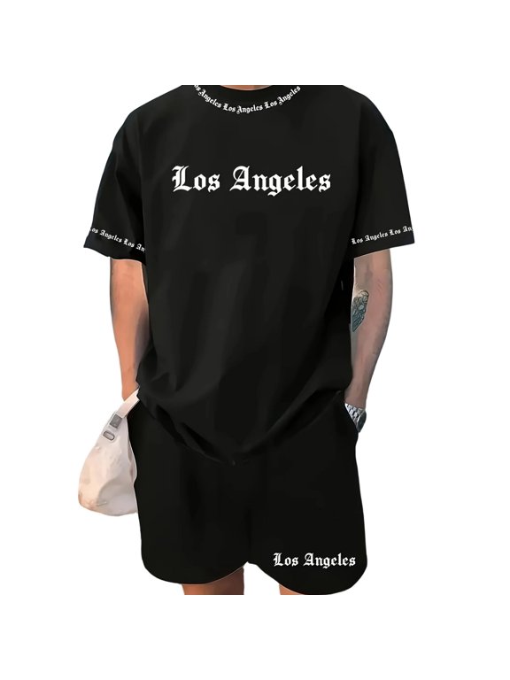 Los Angeles Graphic Mens 2 Piece Set Short Sleeve Print T Shirt and Drawstring Shorts Casual Streetwear Summer Lounge Outfit Black L