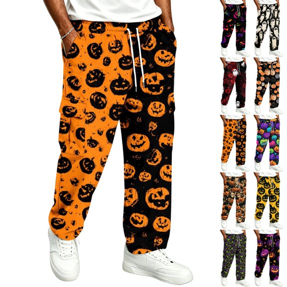 GrmtClth Lounge Pants For Men Halloween Pumpkin Pattern Cuffed Sweatpants Elastic Waistband With Drawstring Deep Side Pockets Plus Size Indoor Holiday Pants Yellow 3XL