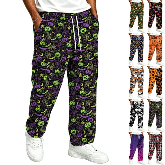 GrmtClth Lounge Pants For Men Halloween Theme Allover Print Cuffed Sweatpants Adjustable Drawstring Pockets Soft Comfy Plus Size Home Leisure Trousers Green 3XL