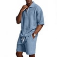 thumbnail image 1 of GrmtClth Men 2 Piece Set Waffle Knit Short Sleeve Polo Shirt Summer Shorts Set Fashion Athletic Jogging Outfits Lounge Sets with Pockets Light Blue 3XL, 1 of 8