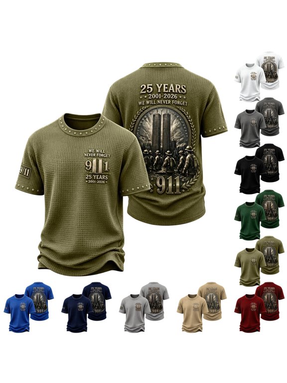 Men 911 Shirts September 11 25 Years Memorial Back Print Firefighter Silhouette Design Casual Contrast Trim Outdoor T‑Shirts