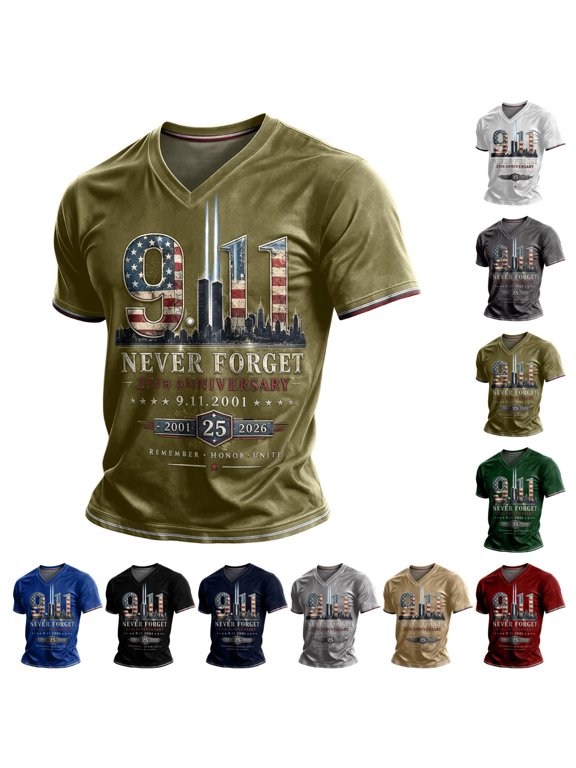 Men 911 Shirts September 11 25 Years Memorial Date Mark Front Graphic Design Casual Red‑Trim Outdoor T‑Shirts