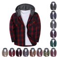thumbnail image 1 of GrmtClth Men Classic Plaid Flannel Hooded Button‑Up Shirt Long Sleeve Jacket Single Pocket Grey Hood Casual Travel Party Wear, 1 of 5