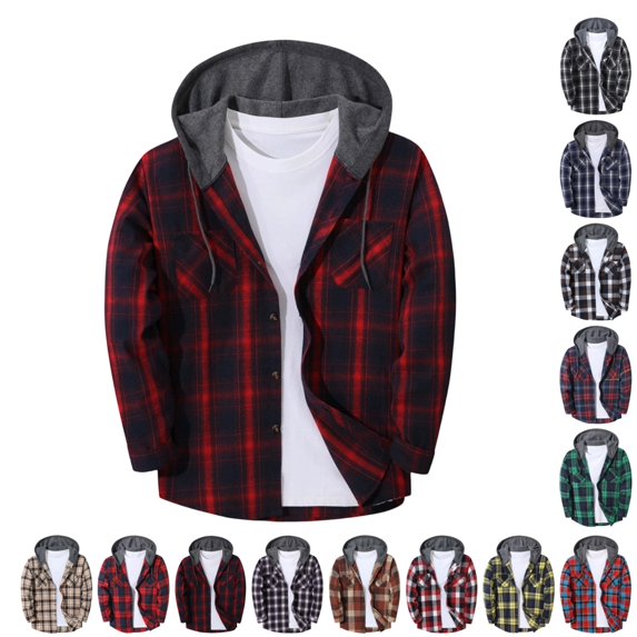 GrmtClth Men Classic Plaid Flannel Hooded Button‑Up Shirt Long Sleeve Jacket Single Pocket Grey Hood Casual Travel Party Wear