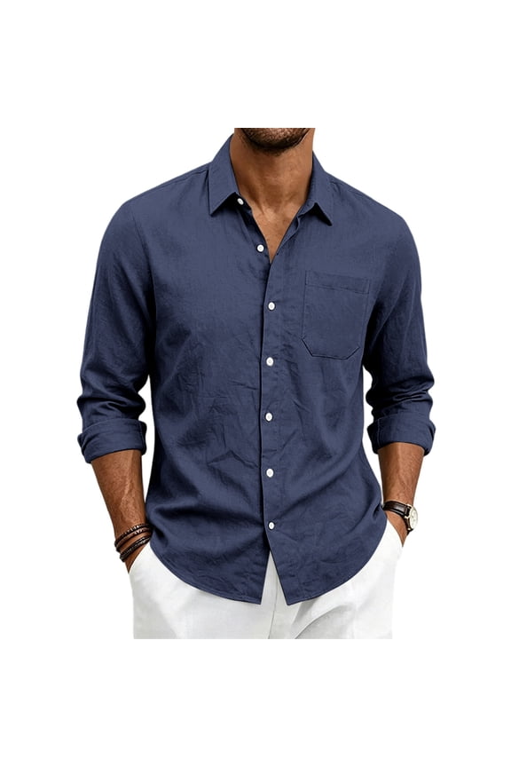 Men Convertible Cuff Lapel Collar Casual Button Up, Single Chest Pocket Lightweight All Weather Daily Tops Navy L