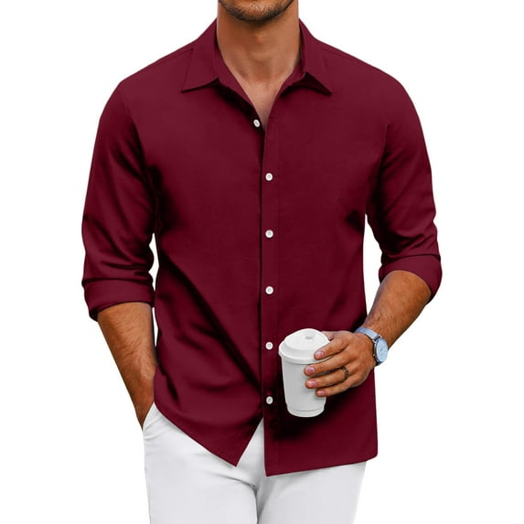 GrmtClth Men Dress Shirt Long Sleeve Regular Fit Button Down Shirt Business Soft Solid Casual Shirts Wine L