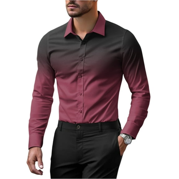GrmtClth Men Dress Shirt Long Sleeve Slim Fit Button Up Shirt Vintage Soft Gradient color Formal Shirt Wine XL