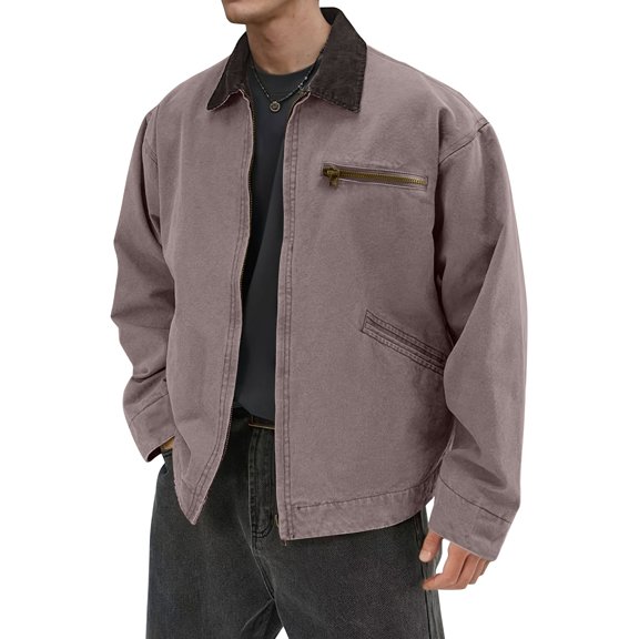 GrmtClth Men Jacket Trendy Zip Up Long Sleeve Trucker Jackets Casual Loose Fit Outerwear Coats with Pockets Gray L