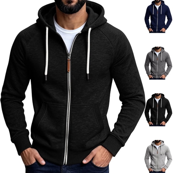 GrmtClth Men Lightweight Full Zip Hoodie Jacket Casual Sports Outdoor Outerwear with Zippered And Pockets Black L