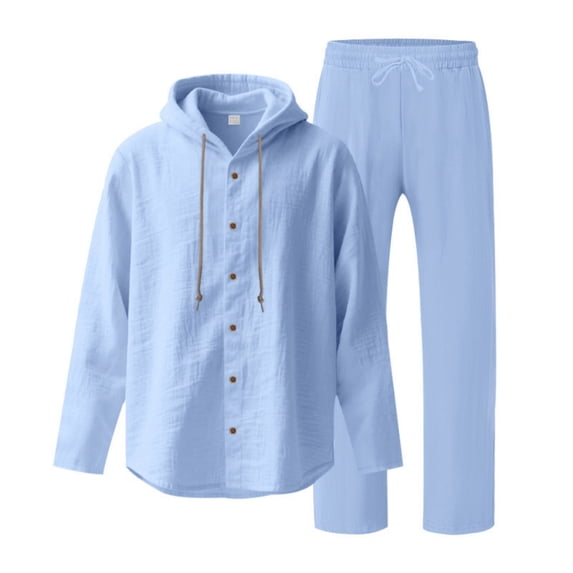 GrmtClth Men' Linen Sets Outfits Casual Hoodie Clothes Gym Long Pants Button Down Long Sleeve Fashion 2 Piece Set Light Blue 3XL
