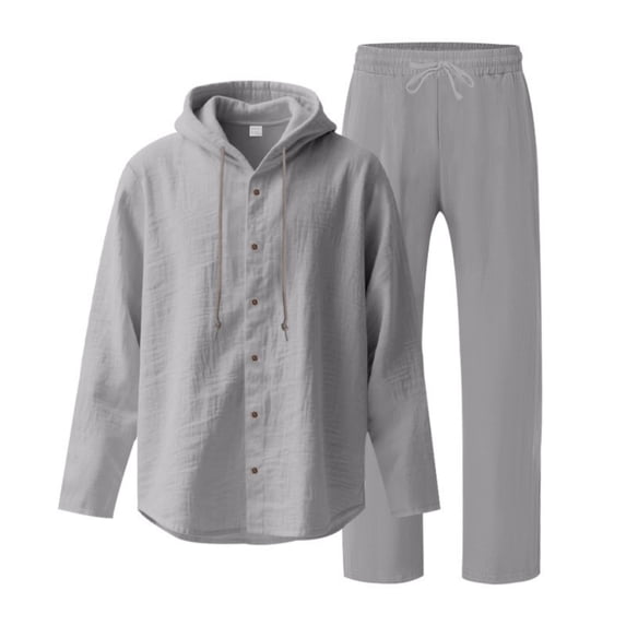 GrmtClth Men' Linen Sets Outfits Summer Hoodie Clothing Workout Yoga Pants Button Down Long Sleeve Trend 2 Piece Set Dark Gray L