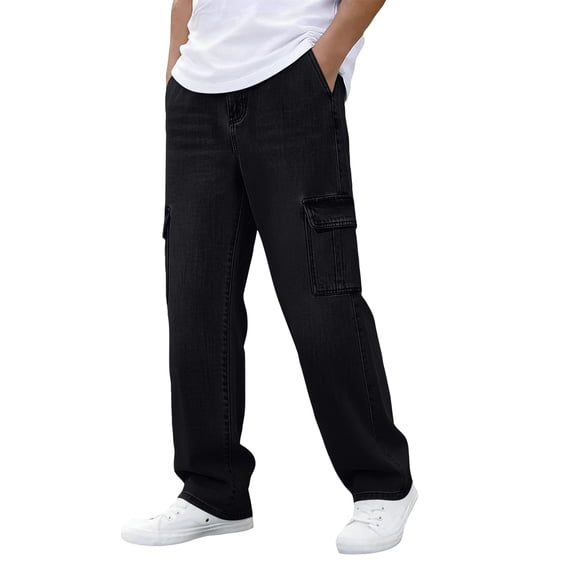 GrmtClth Men Loose Cargo Jeans, Male Denim Trousers, Wide Leg Multi Pocket Casual Pants, Breathable Daily Streetwear, Relax Fit Outdoor Fashion Bottoms Black L
