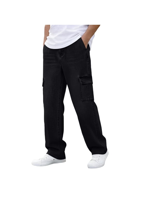 Men Loose Cargo Jeans, Male Denim Trousers, Wide Leg Multi Pocket Casual Pants, Breathable Daily Streetwear, Relax Fit Outdoor Fashion Bottoms Black L