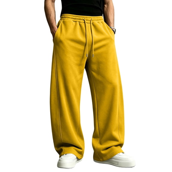 GrmtClth Men Loose Wide Leg Solid Sweatpants, Male Daily Loungewear, Double Drawstring Elastic Waist Bottoms, Soft Fleece Home Leisure Wear Yellow L