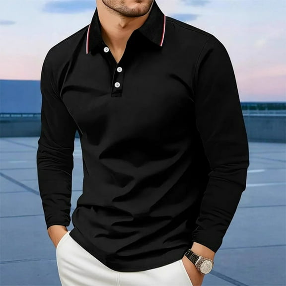 GrmtClth Men Polo Shirts Casual Long Sleeve Polo Shirts Lightweigt Button Golf Shirts Basic Tops Black M
