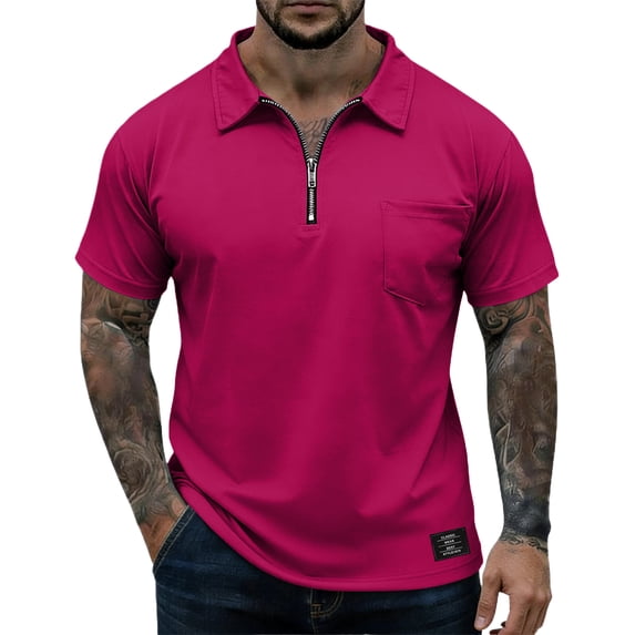 GrmtClth Men Polo Shirts Summer Fashion Short Sleeve Golf Shirts Basic Quarter Zip Blouses Trendy Collared Outfit with Pocket Purple Pink S