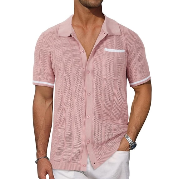 GrmtClth Men Shirts 2026 Casual Hollow-Out Tops Classic Button Down Tee Trendy Collared Clothing Short Sleeve Pink 2XL